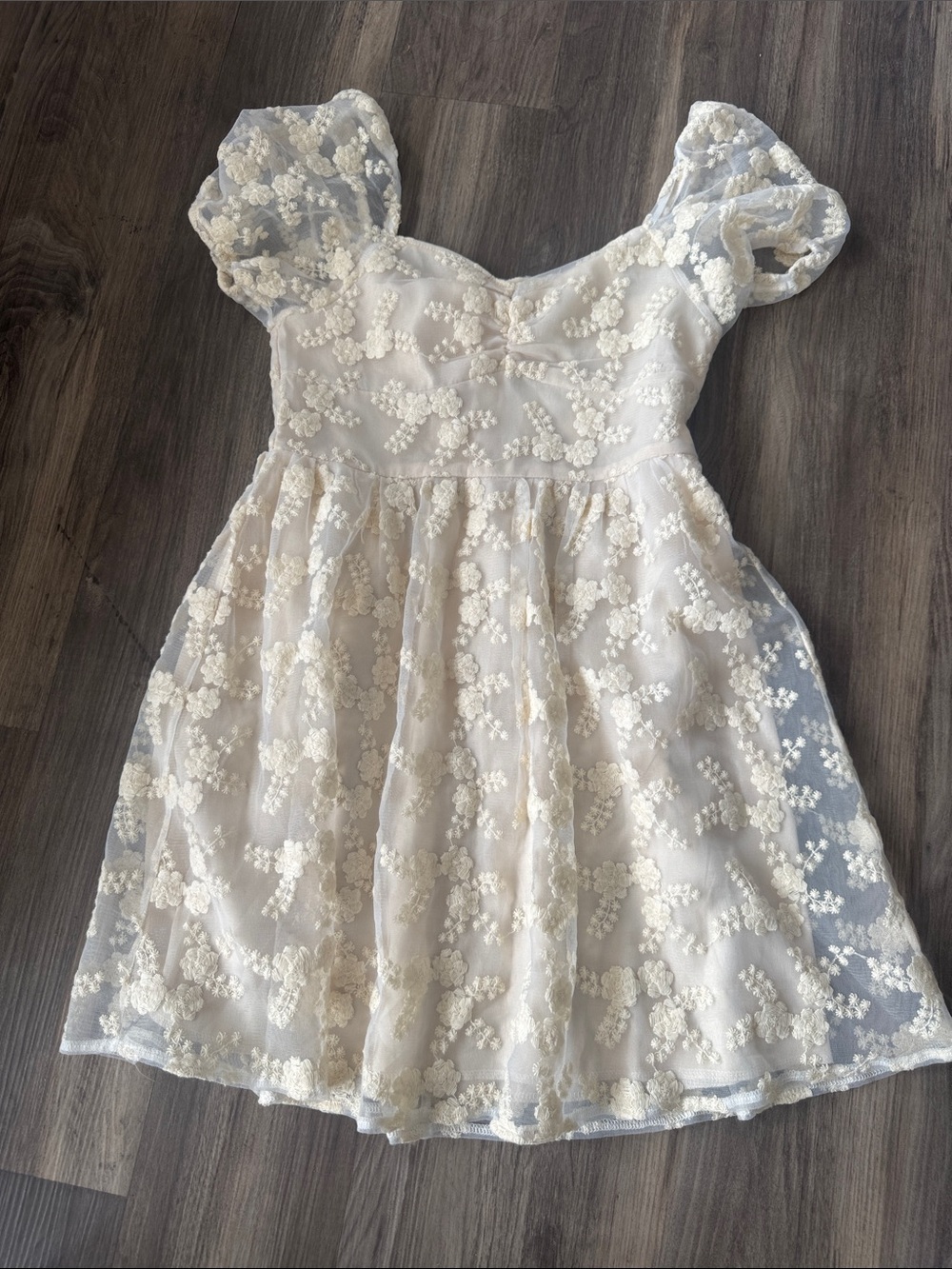 Altar'd State Cream Floral Lace Puff Sleeve Dress